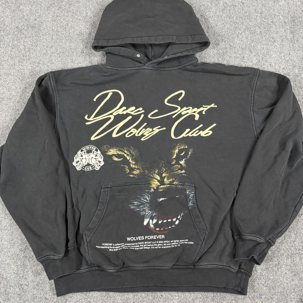 Darc Sport Wolves Club Hoodie Mens Large Black Forever Limited Fade Distress